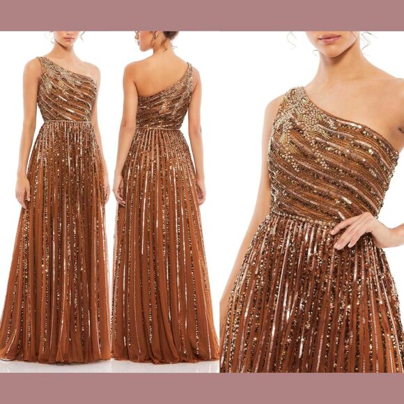 NWT$598 Mac Duggal [ 2 ] Embellished One Shoulder A-Line Gown Copper Brown G1900 - Picture 1 of 15